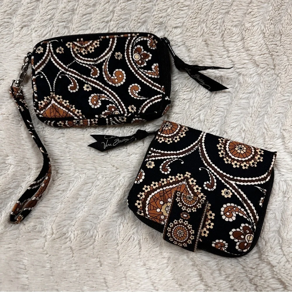 Vera Bradley Wallet with Matching Coin Purse / Wristlet, Black & Brown Paisley